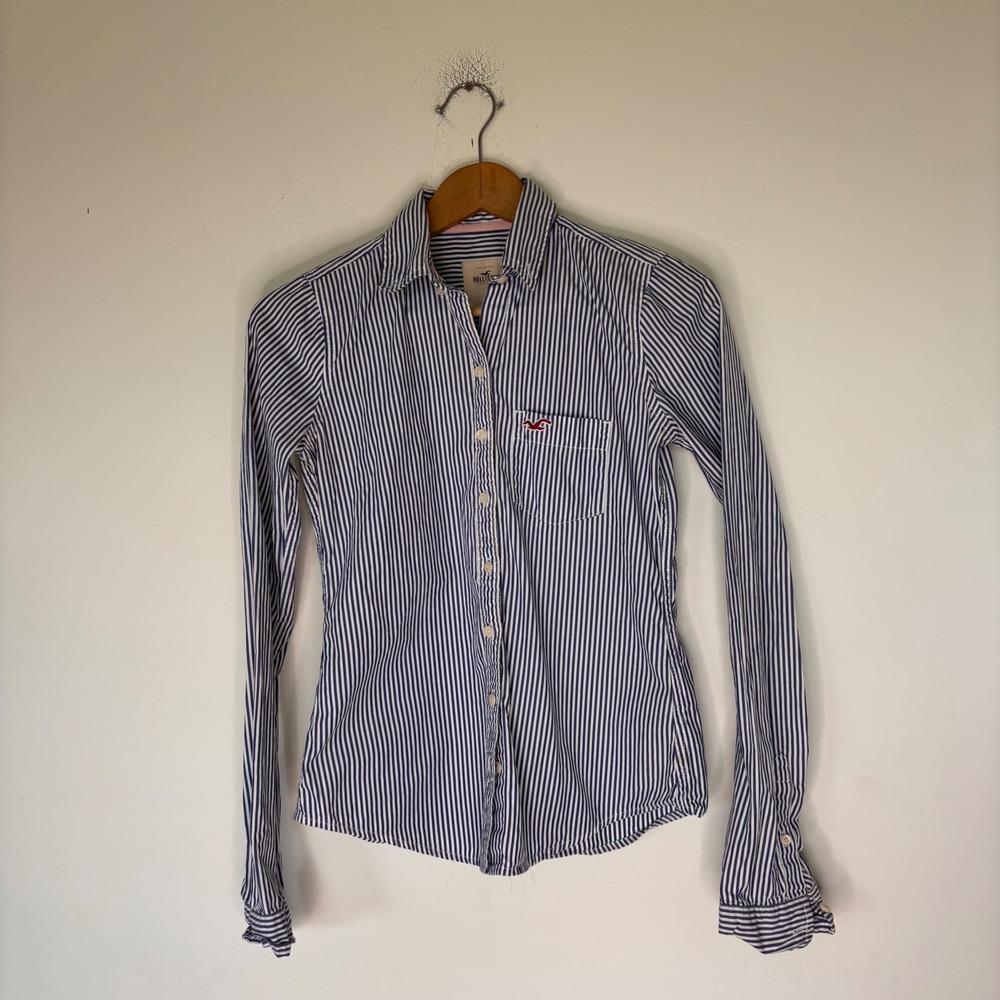 Vintage Hollister Blue Stripe Logo Pocket Button Up Y2K Preppy Size XS